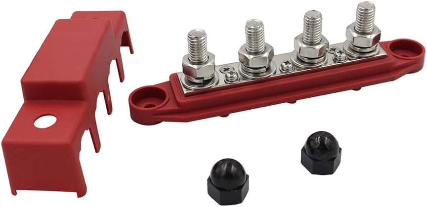 Riloer Black and Red 48V Studs 4-Post Bar Battery Power Distribution Block with Cover for Automobiles, RVs, Ships, and Yachts, M10