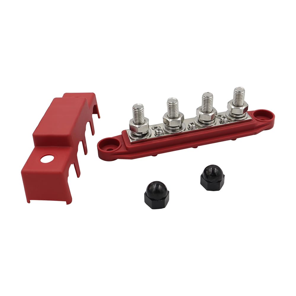 DC 48V M8/M10 Studs 6-Post Bar Power Distribution Block with Cover for Automobiles, RVs, Ships, and Yachts, Red M10