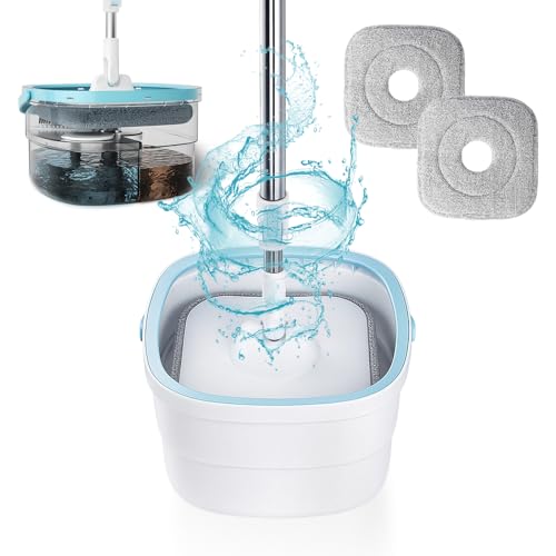 Set di mocio con secchio – Sistema a doppia camera per acqua pulita e sporca, manico telescopico da 128 cm, 2 cuscinetti in microfibra, lavapavimenti rotante a 360° per finestre e pavimenti, bianco