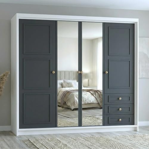 A&J MöbelLand Oslo Kleiderschrank 4-türig mit 3 Schubladen – 200 x 215 cm – Drehtürenschrank mit Kleiderstange und Einlegeböden, Modernes Design mit Metallgriffen A&J MöbelLand Oslo Kleiderschrank 4-türig mit 3 Schubladen – 200 x 215 cm – Drehtürenschrank mit Kleiderstange und Einlegeböden, Modernes Design mit Metallgriffen