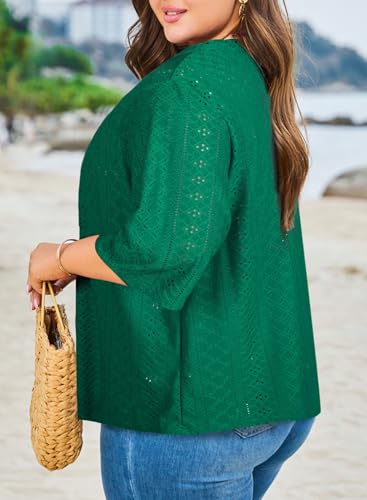 Image of Eytino Plus Size Cardigan for Women Half Sleeve Knitted Jacquard Summer Kimono Cover up Tops(1X-5X)