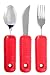 3 Piece Super Easy Grip Red Flatware Set - Bendable Built Up Large Fork, Knife, and Spoon