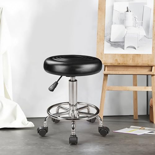 Image of VECELO Adjustable Rolling Home Office Desk Chair, PU Leather Swivel Drafting Chair with Wheels & Footrest, Height Adjustable Armless Task Stool for Home Office, Salon, Spa, Black