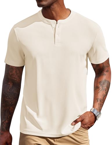 COOFANDY Mens Short Sleeve Henley Shirts Casual Textured Top Lightweigh Summer Classic Basic Tee Beige