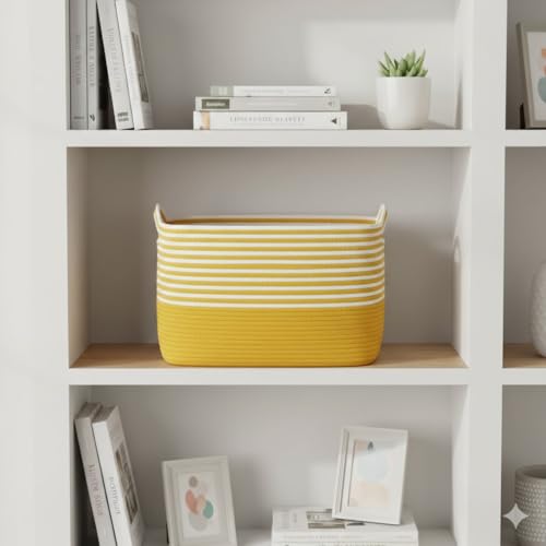 Image of Large Storage Basket, Woven Blanket Basket, Toy Basket with Handle, Laundry Hamper for Living Room, Nursery, Bedroom- 20x15x12 (LXWXH) (musted yellow mix)