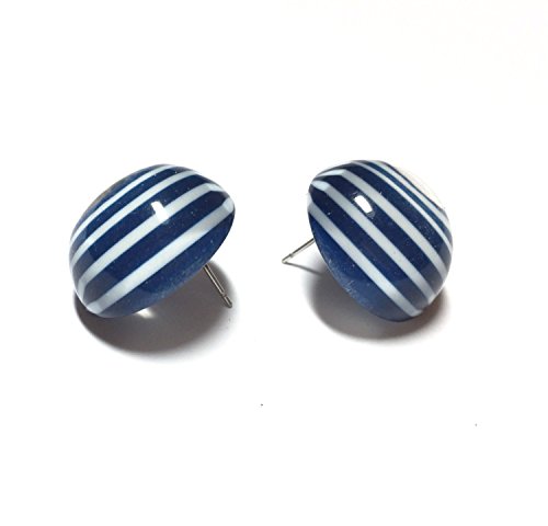 Blue Stud Earrings | Navy Blue Striped Retro Button Studs Earrings | Nautical Preppy Vintage Lucite Posts #TOP1