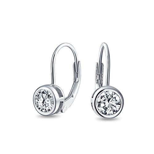 Dainty Round Bezel Brilliant Cut AAA Cubic Zirconia Simulated Gemstone Clear CZ Solitaire Dangle Drop Earrings Lever Back .925 Sterling Silver