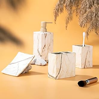 Bathroom Accessories Set 4 Pieces Toothbrush Holder Soap Dispenser Ceramic Bathroom Decor Set Contain Toothbrush Cup Soap Dish Tumbler Marble Brown