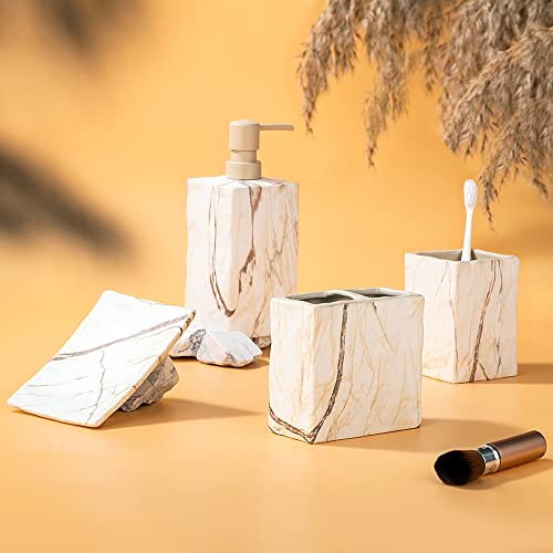 RQYIXI Ceramic Bathroom Accessory Set Complete 4 Pieces Retro Style Soap Dispenser & Toothbrush Holder Sets (Marble Brown)