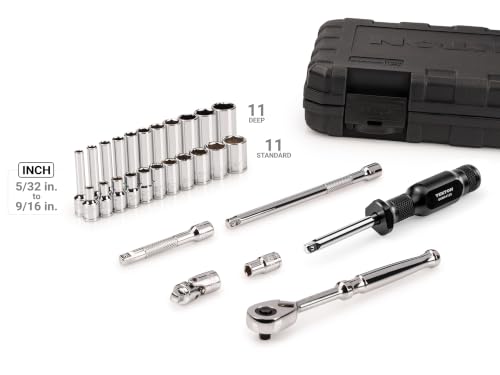 Image of TEKTON 1 /4 Inch Drive 6-Point Socket and Ratchet Set with Case, 28-Piece (5 /32-9 /16 in.) | SKT05102