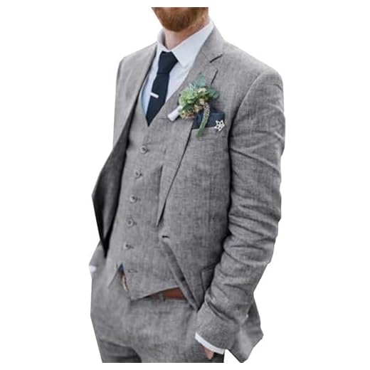 Terno masculino retrô de linho para praia, casamento, verão, caimento justo, 3 peças, leve, jaqueta de linho, colete e calça, smoking de baile, Cinza