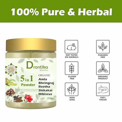 Image of Drontika Wild & Pure 100% Organic 5 In 1 Amla, Reetha, Bhringraj, Shikakai & Hibiscus Powder Combo For Hair Growth & Hair Mask 300Gm. Count1