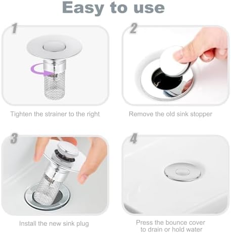2 Pack Bathroom Sink Drain Stopper – Universal Stainless Steel Sink Drain Strainer, Multi-Purpose Sink Plug Filter & Drain Hair Catcher, Bathroom Sink Drain Stopper & Pop Up Sink Drain Filter - 2