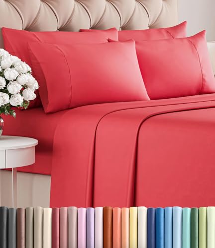 Image of King 6 Piece Bed Sheet Set - Comfy, Breathable & Cooling Bed Sheets - Red | Ultra Soft Hotel Luxury Bedding Set w / 8-16 Inch Deep Pockets - 1 Flat & 1 Fitted Sheet & 4 Pillowcases - Wrinkle & Fade Free