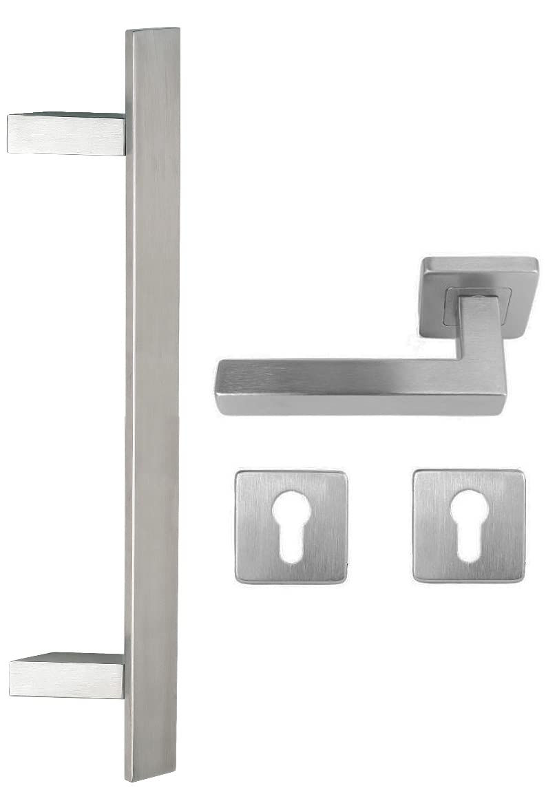 Edelstahl Haustür Beschlag- Flachgriff- Set auf quadratischen Rosetten 841Z Maß L: 600/ Lochabstand B:400mm