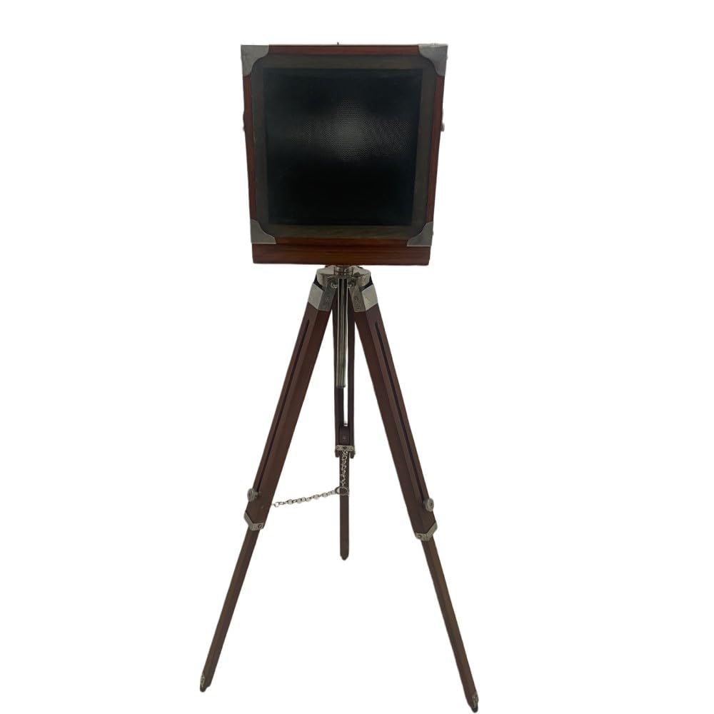 Antique Style Retro Vintage Look Wooden Film Camera Modern Adjustable Brown  Tripod Stand Royal Designer Old Movie Prop Rustic Folding Camera Corner