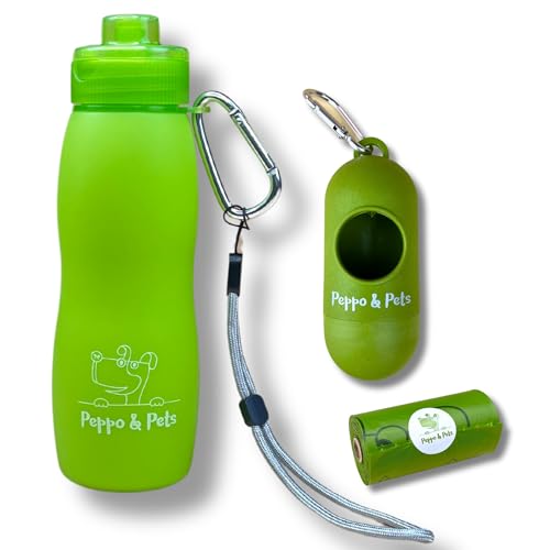 Peppo and Pets-Pack Completo-Incluye: Botella Pipi Perro silicona-400 ml-Válvula Anti Goteo-Chorro a presión+ DISPENSADOR DE Bolsas DE CAÑA DE Bambu+ 15 Bolsas Caca Perro Mezcla ALMIDÓN DE MAIZ