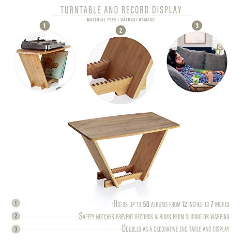 Tunephonik Bamboo Lp Record Holder W/Turntable Display Shelf To Stack And Organize 45S/7”And 33S/12” Vinyl Albums #TOP3