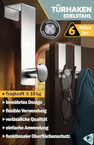 Menz Türhaken - 6er Set Edelstahl Türhaken zum Einhängen, stabile Kleiderhaken Tür, Haken zum Einhängen als flexible Türgarderobe, Türhakenleiste in runder Ausführung