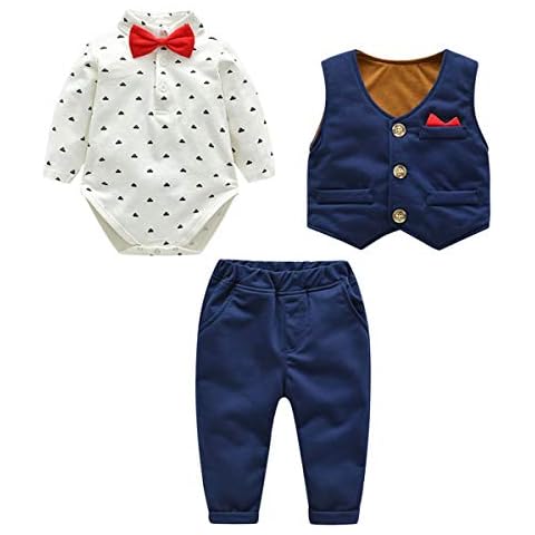 famuka Baby Boy Formal Wedding Outfit Suit with Bows Waistcoat Gentleman Tuxedo 3 Piece (Navy 1, 18-24 Months) Cover