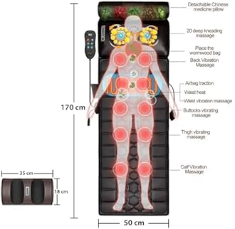 Leather Full Body Electric Massage Mat With Heat Pad,Full Body Massager Bed With Neck Massage Pillow,10 Vibrating Motors & 4 Heating Pads For Back Relie(160L X 50W X 15H Centimeters),Brown