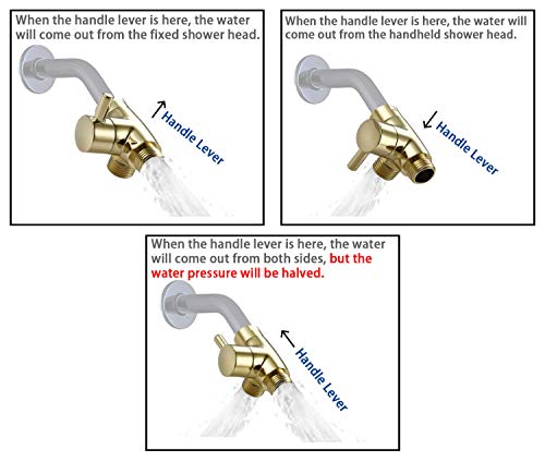 All Metal Shower Arm Diverter,G 1/2 3 Way Shower Diverter Valve For Hand Held Showerhead and Fixed Spray Head Diverter (Polished brass)