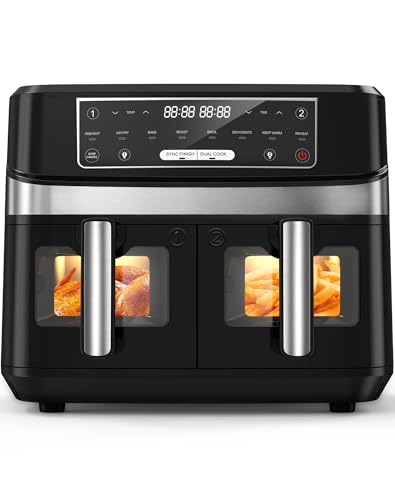 Heißluftfritteuse 2 Kammern mit Sichtfenster, 10L XXL Kapazität Doppel-Airfryer, 8-in-1 Kochvorgaben, Touchscreen, Smart und Timer-Funktion, Gesunde Friteuse ohne Öl und fettarmes Kochen