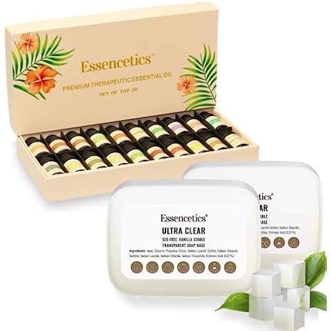 Essencetics Clear Soap Base with Essential Oils Set - 5 LB Ultra Clear Soap Base with 20 * 10 ml Natural Oils Set to Add to Natural Scent in Your Handmade Soap Cover