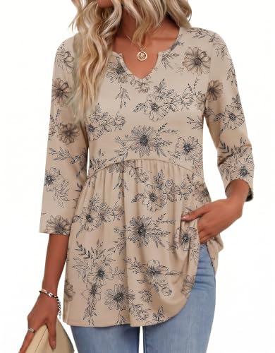 Image of HOTOUCH Women Tops 3/4 Sleeve Blouse V Neck Ruched Tunic Beige Floral XXL