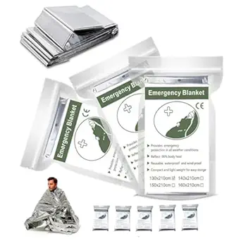 Five 84 * 55 emergency insulation blankets can maintain 90% of the body's heat. Polyester film blankets are suitable for outdoor camping, first aid kits, life saving kits, and car first aid blankets