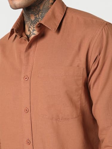 Image of Bewakoof Mens Solid Regular Fit Full Sleeve Collar Cotton Linen Blend Shirt