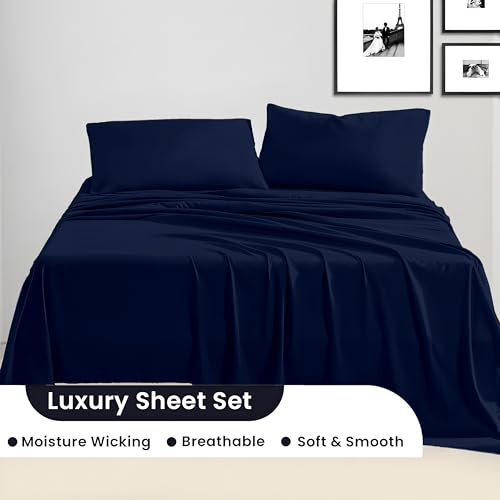 Image of SGI bedding RV King Bed Sheets Set - Premium 600 TC Egyptian Cotton, Crisp Cooling Sateen Weave, Extra Soft Hotel Collection, Fits Mattresses Up to 16 Inch Deep, Breathable Long Lasting - Navy Blue