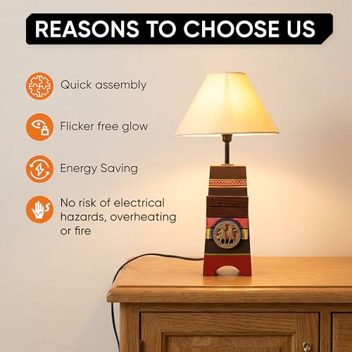 Image of AAKRITI ART CREATIONS MDF Table Lamp for Study Room, Bedroom & Living Room Decoration | Dhokra-Warli Dhokra Tribal Motif Bedside Lamp with Cotton Fabric Shade | Aesthetic Night Lamp