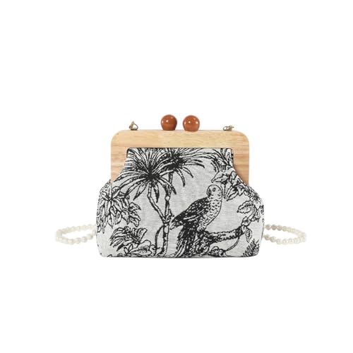 CORIOS Evening Bag for Women Floral Birds Embroidery Clutch Bag Wooden Beads Handbag Bridal Wedding Purse Elegant Shoulder Bag Vintage Top Handle Bag Banquet Cocktail Prom Party Crossbody Bag Black