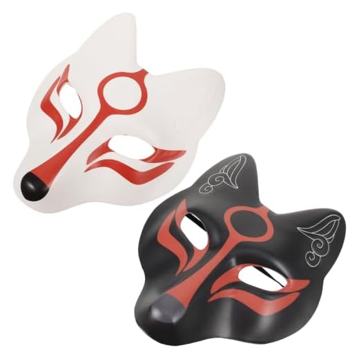 VALICLUD 2pcs FoxMask Japanese Kabuki KitsuneMasks Half Face CatMasks Anime Animal Cosplay for Men Women Children Masquerade Ball Costume Prop Black White
