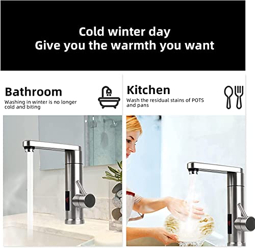 Elektrische Heizung Wasserhahn,220V 3000W Sofort Warm 304 Edelstahl Elektrisch Warmwasserhahn,360º Drehung KüChenarmatur mit LED Digitalanzeige,Einhand Spültischarmatur Für Küche,Bad