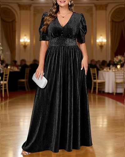 Image of Pinup Fashion Velvet Wedding Guest Dress - Fall Formal Holiday V Neck Empire Waist Long Dresses