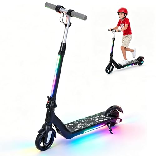 Electric Scooter for Kids Ages 6-12 Foldable Electric Scooter Up to 15KM/H & 8KM Range Colorful LED Lights 3 Speed Modes Lightweight Kids E Scooter - Black
