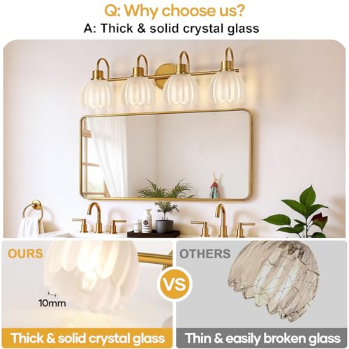Image of 4-Light Bathroom Light Fixtures, 27 inch Brushed Gold Vanity Lights for Bathroom with Ribbed Frosted Clear Tulip Glass Shade, Vintage Bathroom Vanity Lighting Fixtures Over Mirror for Living Room Hallway