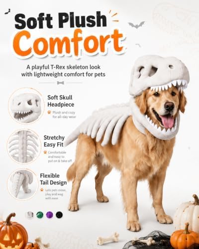 Pet Dinosaur T-Rex Skeleton Halloween Costume for Dogs and Cats (White, 35.4 in) — view 6