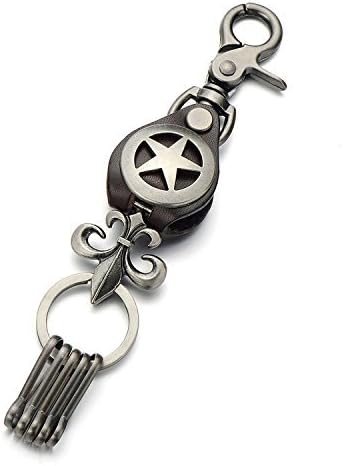 (TM) Mens Elegant Star Cool Styling Fleur De Lis Antique Design Genuine Leather Keychain Waist Key Holder Key Fob Key Chain Holder (Brown)