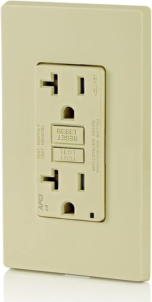 Leviton AFTR2-I 20-Amp, 120-Volt SmartlockPro Outlet Branch Circuit Arc-Fault Circuit Interrupter (AFCI) Receptacle, Wallplate Included, Ivory - Electrical Cables - 