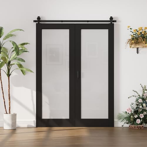 Image of 56 inchx80 inch 1-Lite Frosted Glass Bifold Barn Door Slab and 64 inch Track Kit, Black