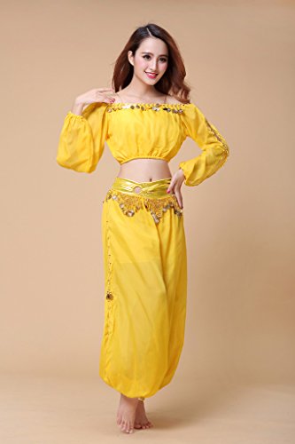 ZLTdream Calça de chiffon para dança da barriga e manga comprida com moedas de lanterna, Amarelo, On