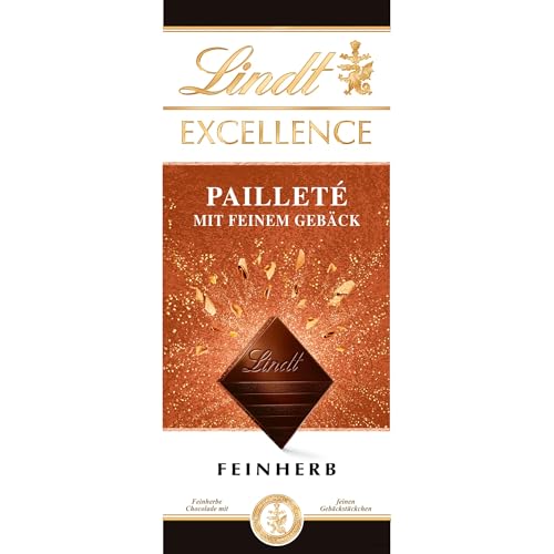 Lindt EXCELLENCE Pailleté Gebäckstückchen - Feinherbe Schokolade | 100g Tafel | Mit knusprigen Gebäckstückchen | Intensiver Kakao-Geschmack | Dunkle Schokolade
