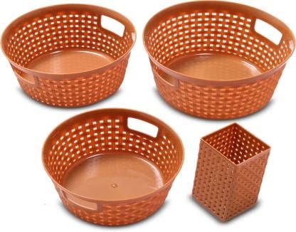 Nabhya Plastic Storage Basket Box Organizer For Jars, Bottle, Fruits, Vegetable, Utensils -Set Of 4 Pieces (brown)