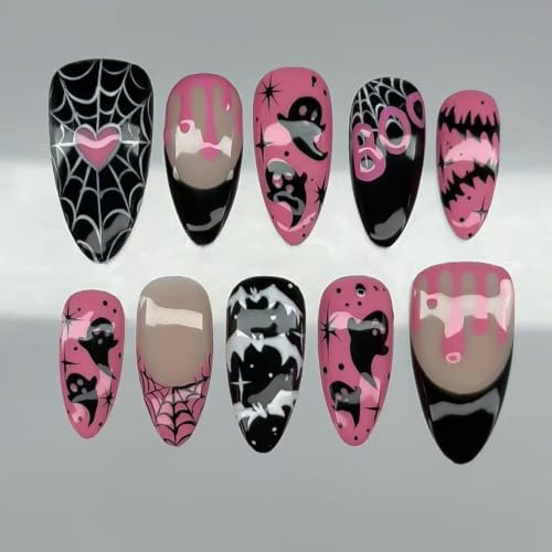 Pink Halloween Press on Nails Medium Almond Ghost Bat Gothic Fake Nails
