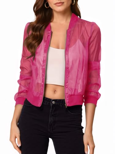 Fisoew Women's Crop Mesh Sheer Bomber Jackets Lightweight Long Sleeve Zip Up Jacket Outwear