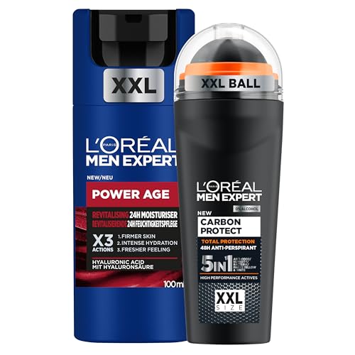 Pack de L'Oréal Men Expert: Crema hidratante antiarrugas con ácido hialurónico 100ml + Desodorante Carbon Protect Roll-On Anti-transpirante para hombre Protección Total 5 en 1 XXL 100ml