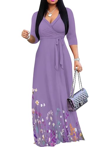 Image of SUZONANA Plus Size Dresses for Women Floral Print Maxi Dress Flowy 3 /4 Sleeve with Belt
